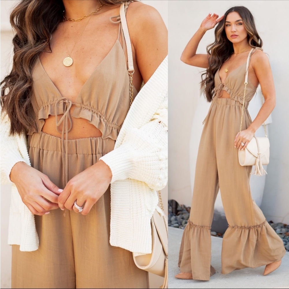 VICI Tie Sleeve Brown Keyhole Ruffle Bell Leg Jumpsuit